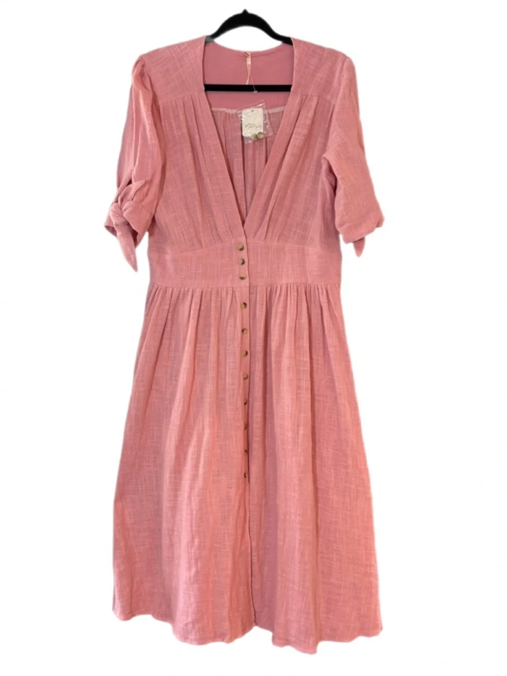 Free People Peach Button Front Midi Dress Tie Sleeve Size L NWT - Picture 2 of 9